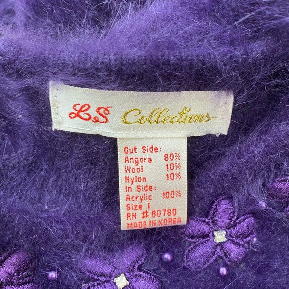 Vintage Angora Wool Sweater Purple Embroidered Flower Gems Dark Fairycore-L - Picture 12 of 14